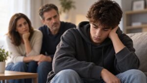Padres preocupados conversando con su hijo que rechaza recibir ayuda por el consumo de drogas.